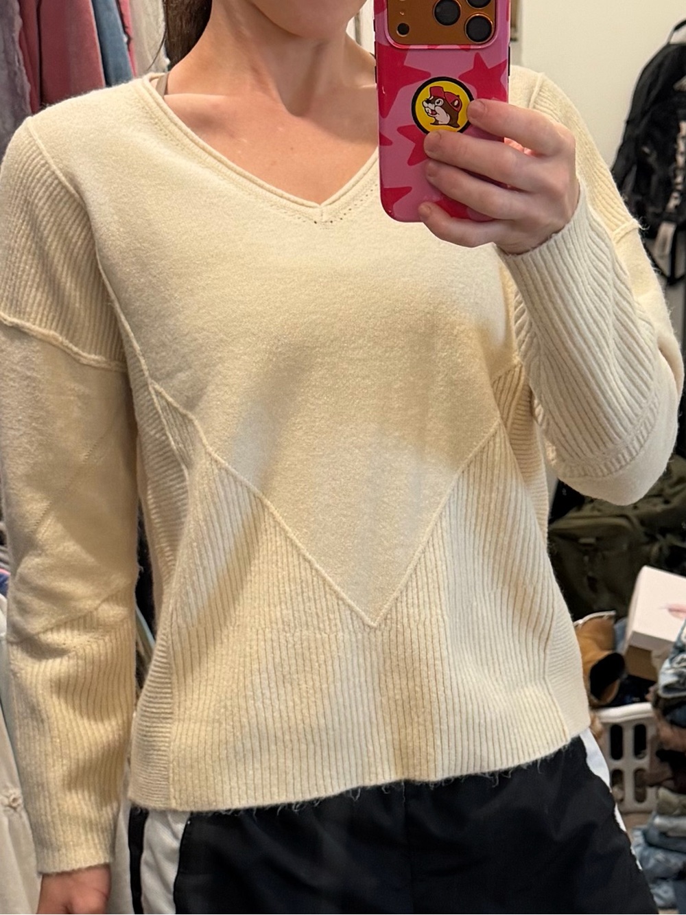 Amazon Women's Cream V-Neck Knit Sweater with V-Panel Detail